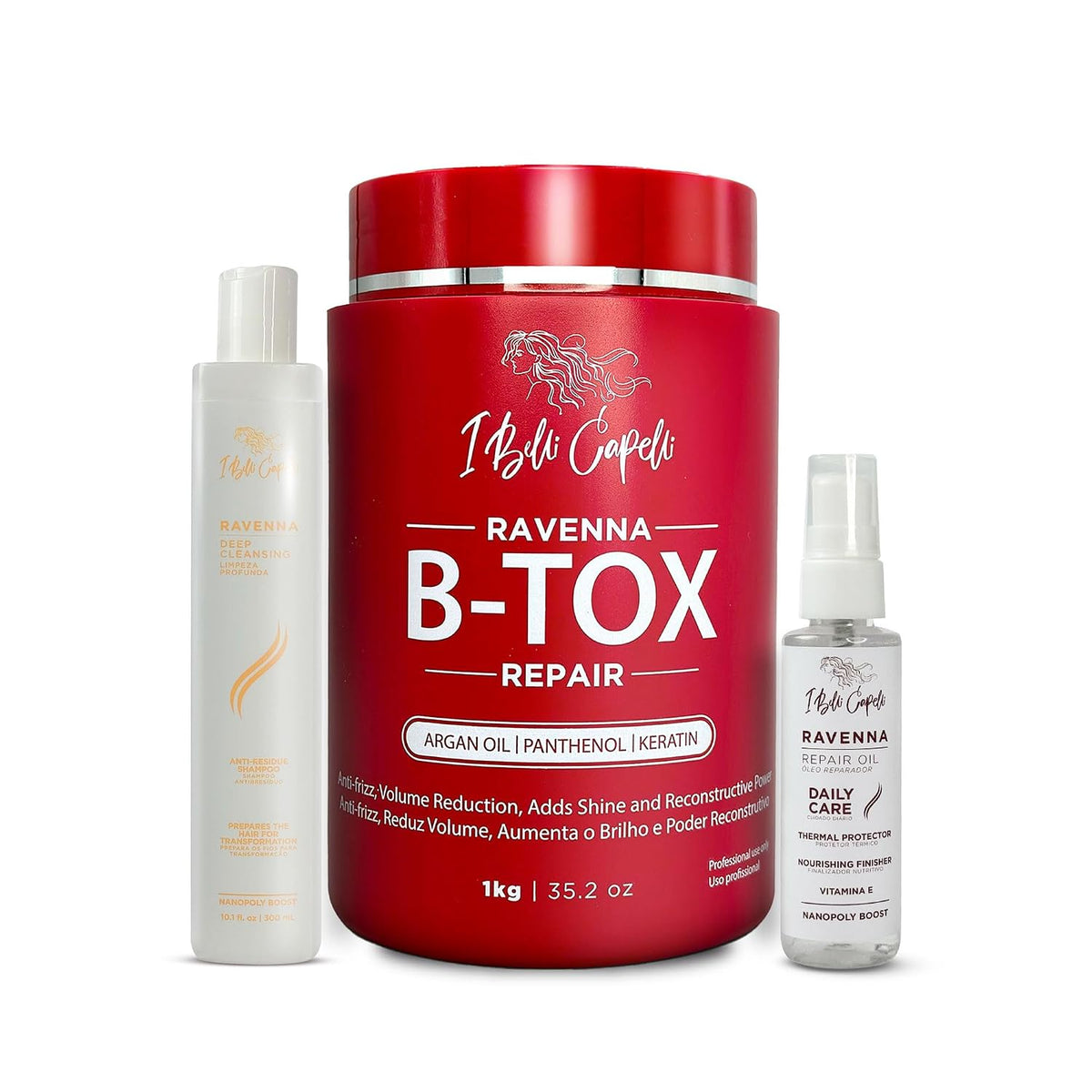 Ravenna B-tox Hair Smoothing Treatment with Deep Cleansing Shampoo and Repair Oil – Complete Straightening System for All Hair Types