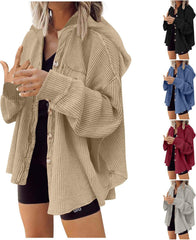 Womens Waffle Knit Shacket Jacket Oversized Long Sleeve Button Down Shirt Hooded Jacket Boyfriend Hoodie Trendy Outfit