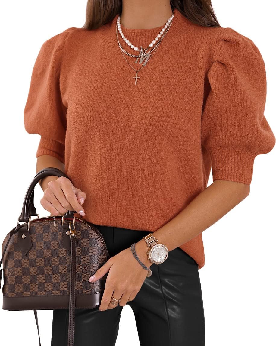 Women's Puff Short Sleeve Sweater Tops 2025 Summer Fall Trendy Knit Crew Neck Casual T Shirts Blouses