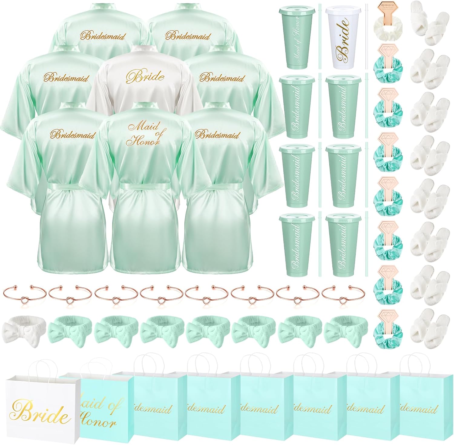 56 Pcs Bridesmaid Bride Robes Set of 8 Bridal Party Silk Satin Robes for Wedding Bachelorette Party Gifts