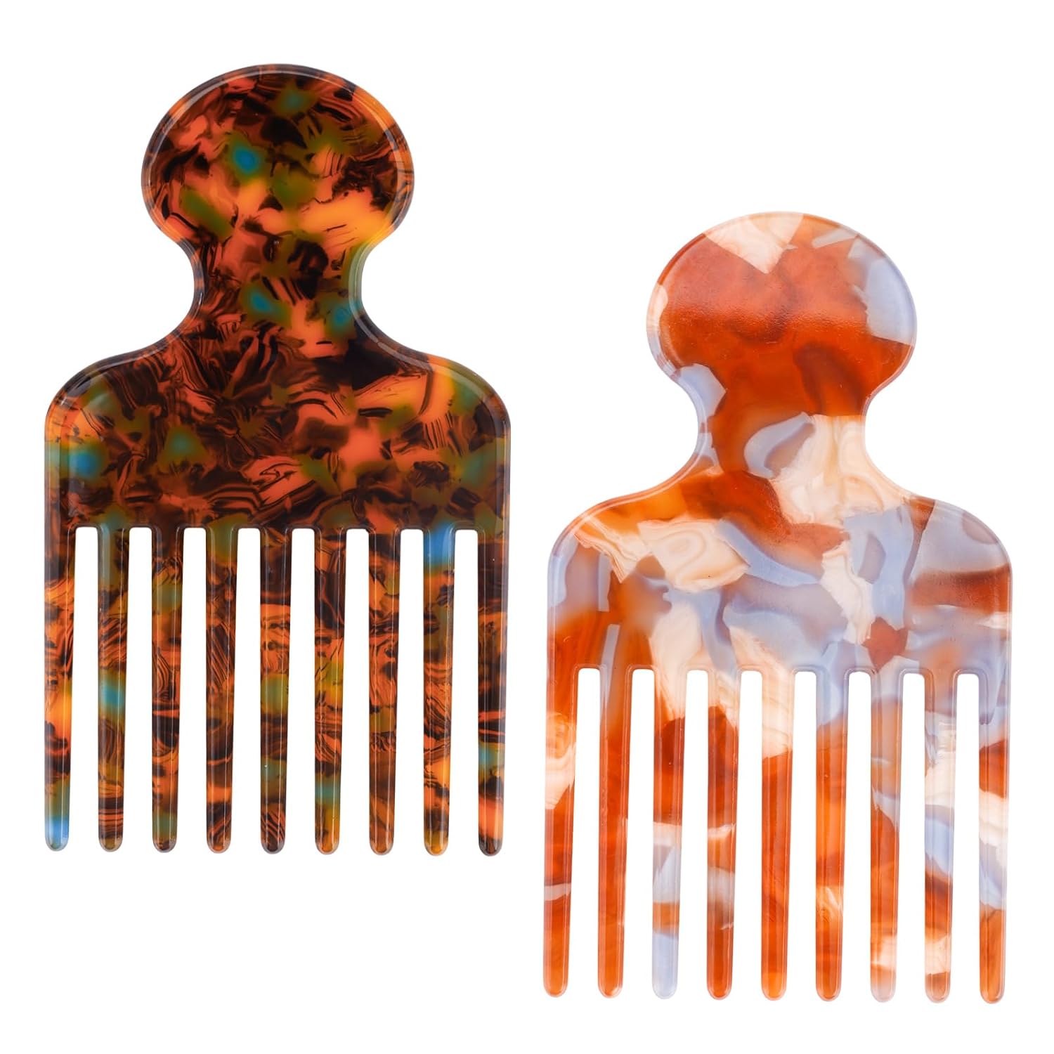 2pcs Wide Tooth Hair Pick Comb for Curly Hair, 4.72in Smooth Detangling Lifting Comb Volumizing Styling Tool for Women Men Thick Long Hairs Reducing Knots (Yellow Blue, Blue Brown)