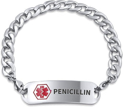 Personalize Medical Identification Medical ID Miami Cuban or Figaro Link Bracelet For Men Steel 8.5in Custom Engraved