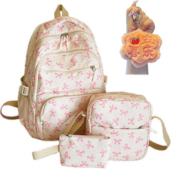 3PCS Set Cute Pink Bow Backpacks for School for Girls, Cute Preppy (Red)