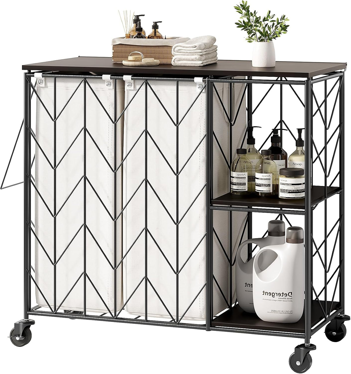 WOWLIVE Laundry Hamper with Lid, 95L Rolling Laundry Basket with Shelves, Iron-Made Laundry Cart with Wheels, Removable Liner, Laundry Room Organization, Bathroom, Black and White