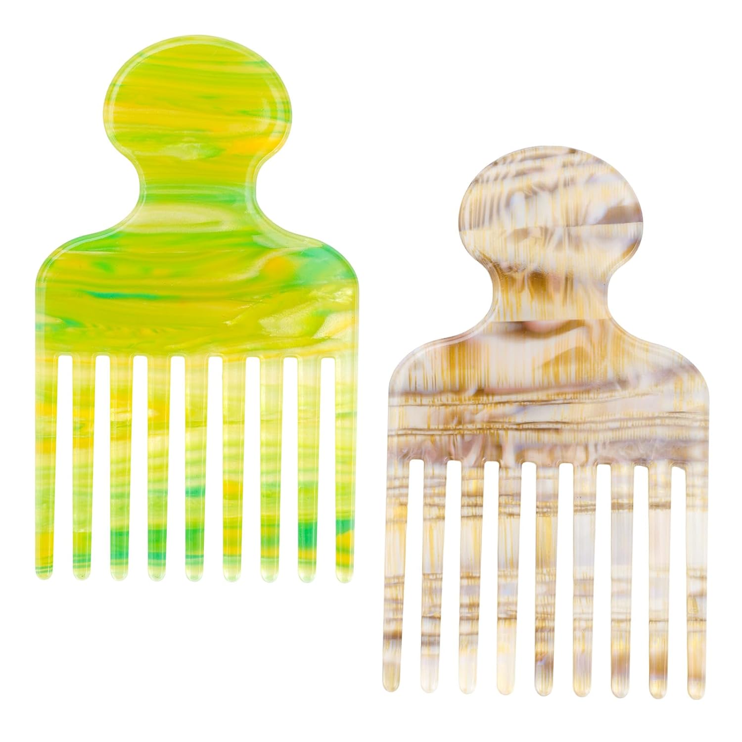 2pcs Wide Tooth Hair Pick Comb for Curly Hair, 4.72in Smooth Detangling Lifting Comb Volumizing Styling Tool for Women Men Thick Long Hairs Reducing Knots (Yellow Blue, Blue Brown)