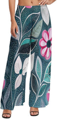 Floral Print Women's Wide Leg Pants Casual High Waist Stretchy Lounge Pants Summer Beach Trousers