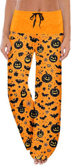 Halloween Pajama Pants for Women Wide Leg Loose Pumpkin Graphic Trouser Casual Elastic Waist Drawstring Trousers