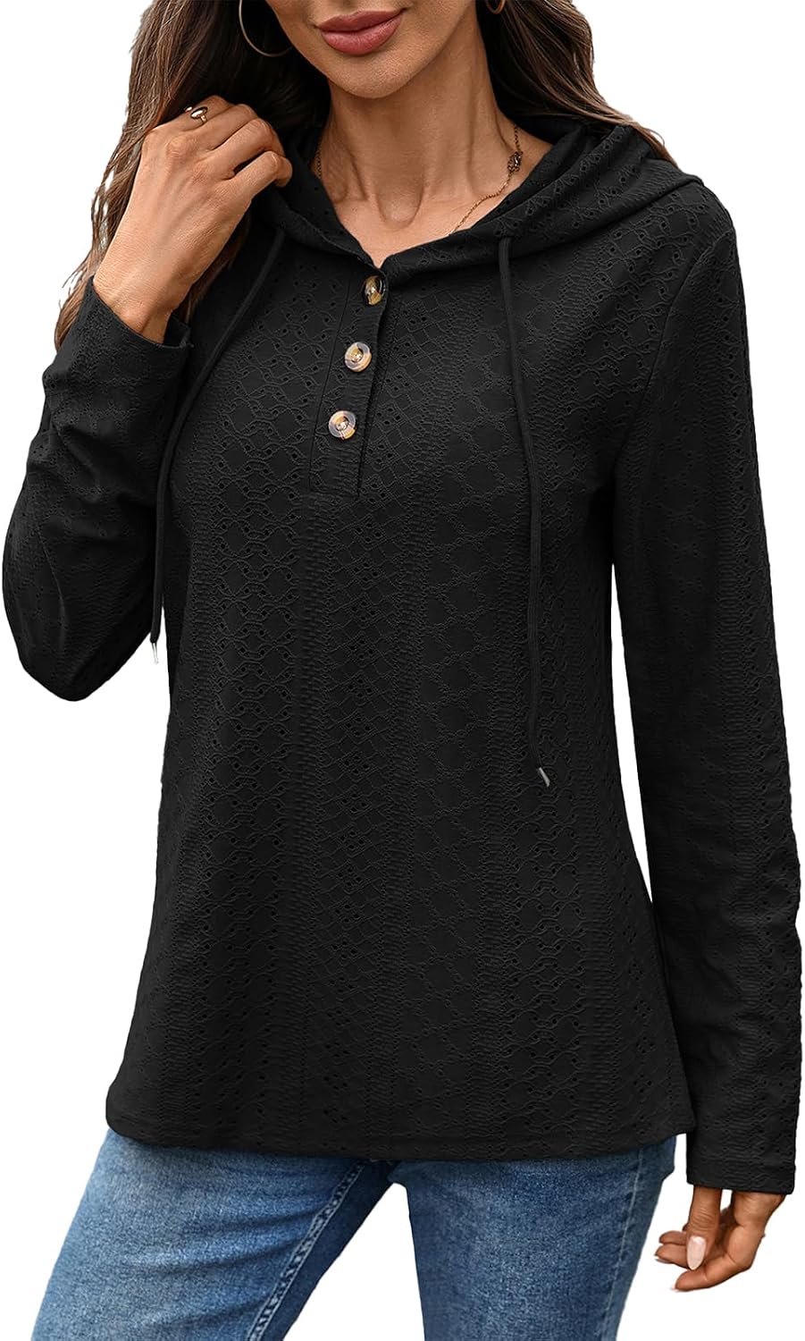 Womens Loose Sweatshirts Casual Hooded Long Sleeve Sweatshirt Solid Color Button Down Drawstring Pullover Tops 2025