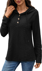 Womens Loose Sweatshirts Casual Hooded Long Sleeve Sweatshirt Solid Color Button Down Drawstring Pullover Tops 2025