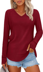 YUCOLEN Womens Tunic Tops for Leggings Loose Fit Long Sleeve Shirts with Thumb Holes Cotton V-Neck T-Shirts