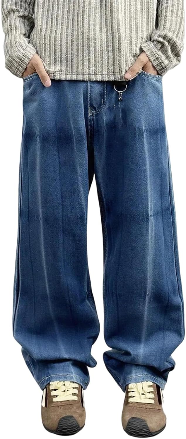 Men Women Casual Jeans with Striped Tie Flower Design Punk Style Loose Straight Leg Stacked Denim for Skateboarders