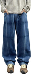 Men Women Casual Jeans with Striped Tie Flower Design Punk Style Loose Straight Leg Stacked Denim for Skateboarders
