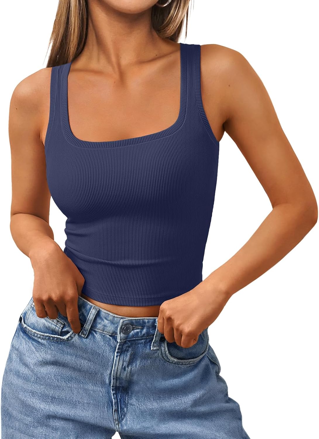 Trendy Queen Women's Summer Square Neck Tank Tops Workout Cropped Ribbed Summer Camisole Sleeveless Clothes 2025