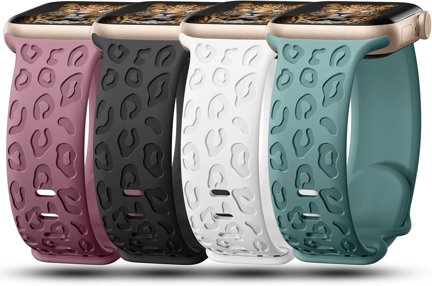 4Pack Leopard Engraved Bands Compatible with Apple Watch Band for women 40mm 41mm 42mm 38mm 44mm 45mm 46mm 49mm, Soft Silicone Cheetah Sport Strap for iWatch Series 10 9 8 7 6 5 4 3 2 1 Ultra/2 SE