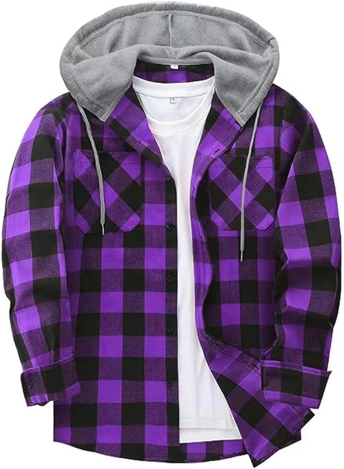 Flannel Hoodie Shirt for Men Casual Button Down Plaid Shirt Jacket Classic Drawstring Long Sleeve Shacket Coats