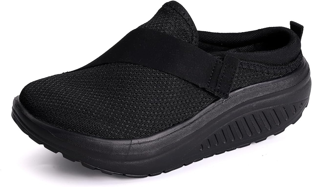 Women's Knit Platform Mules with Hook Loop Casual Lightweight Closed Round Toe Breathable Slip On Orthopedic Clogs Comfortable Arch Support Sports Walking Shoes