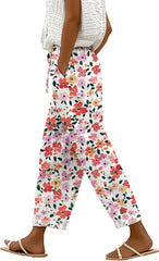 Womens Casual Linen Pants Elastic Waist Drawstring Trousers with Pockets Summer Beach Floral Pants