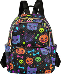 Pumpkin Bone Skull Cat Halloween Mini Backpack for Women 8.5L Travel Daypack Shoulder Bag Purse