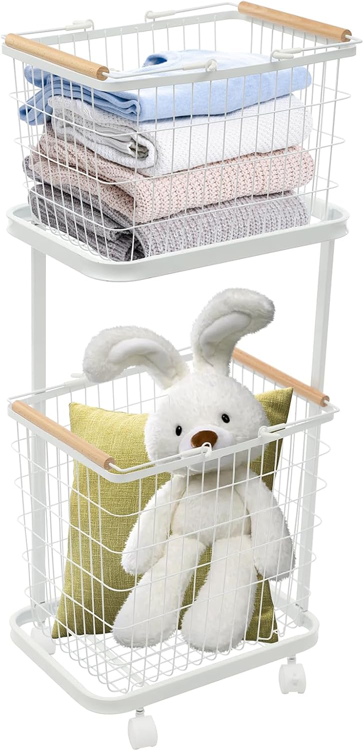 2-Tier Laundry Basket with 2 Removable Baskets and 4 Universal Wheels, Metal Laundry Cart Dirty Clothes Hamper, Rolling Storage Cart Ideal for Bathroom & Laundry Room, 15.75 * 11.42 * 37in