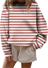 HGps8w Womens Striped Crewneck Sweatshirt Casual Long Sleeve Loose Drop Shoulder Blouse Trendy 2025 Fall Pullover Tee Tops