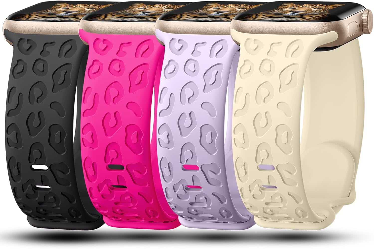 4Pack Leopard Engraved Bands Compatible with Apple Watch Band for women 40mm 41mm 42mm 38mm 44mm 45mm 46mm 49mm, Soft Silicone Cheetah Sport Strap for iWatch Series 10 9 8 7 6 5 4 3 2 1 Ultra/2 SE