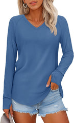 YUCOLEN Womens Tunic Tops for Leggings Loose Fit Long Sleeve Shirts with Thumb Holes Cotton V-Neck T-Shirts
