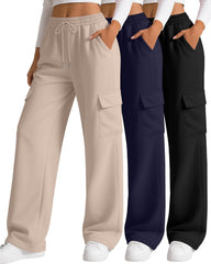 Neer 3 Pack Women's Cargo Sweatpants Wide Leg Baggy Elastic Drawstring Pants Casual Cotton Athletic Joggers with 4 Pockets