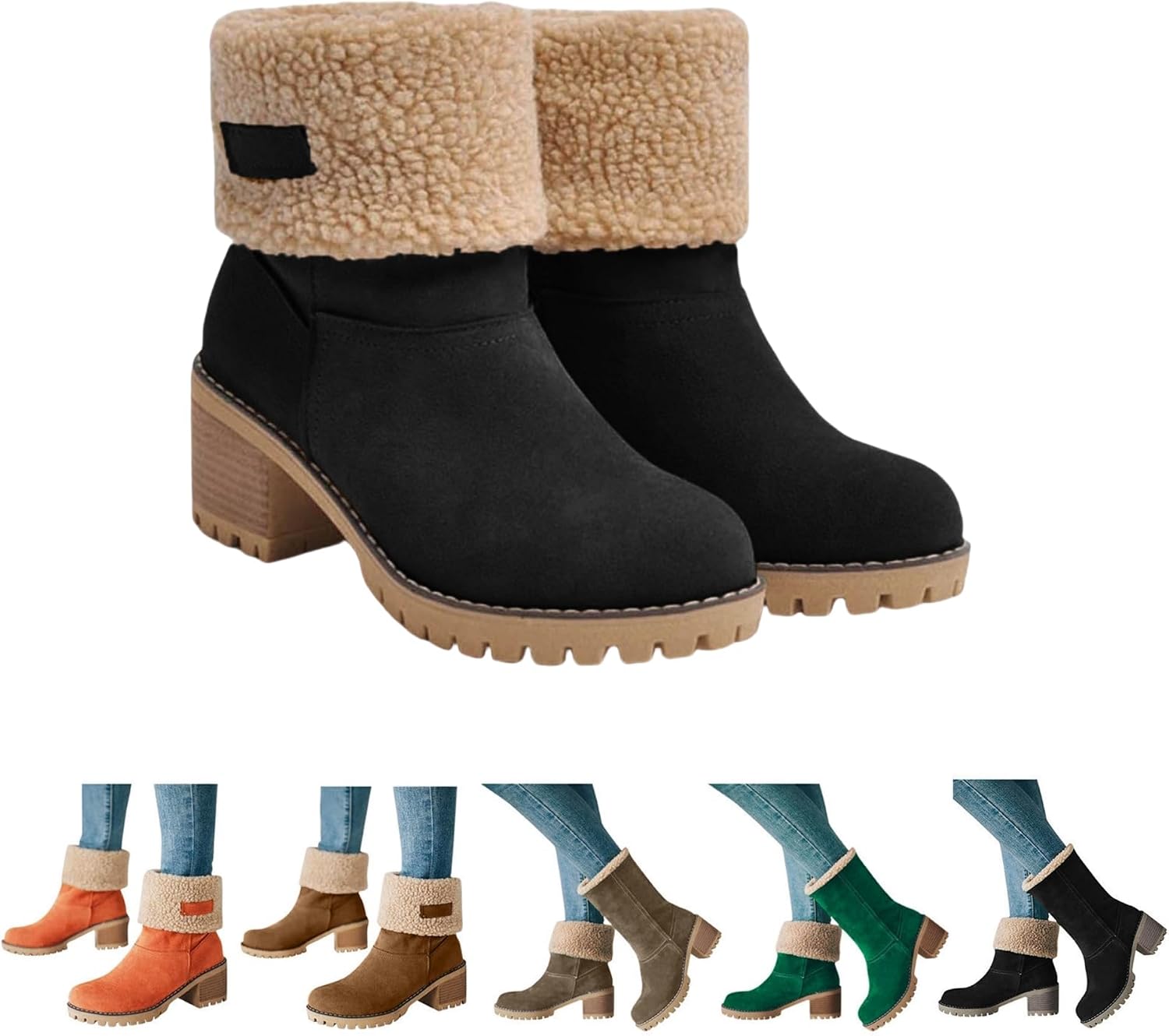 Winter Boots For Women 2025,Chunky Mid Heel Round Toe Fleece Lined Mid Calf Booties Comfortable Fashion Suede Warm Ankle Fur Lined Outdoor Winter Boots Shoes