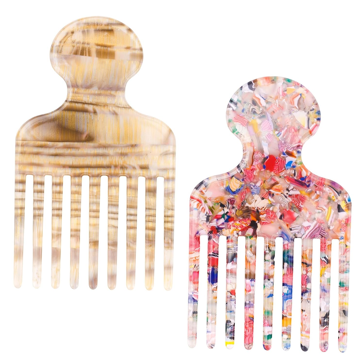 2pcs Wide Tooth Hair Pick Comb for Curly Hair, 4.72in Smooth Detangling Lifting Comb Volumizing Styling Tool for Women Men Thick Long Hairs Reducing Knots (Yellow Blue, Blue Brown)