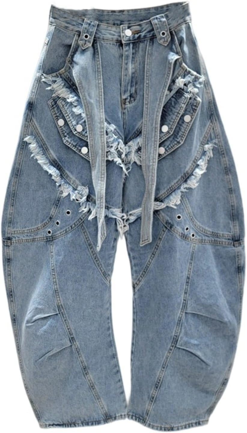 Women's Barrel Jeans Mid Waist Raw Edges Vintage Horseshoe Denim Pants Y2k Baggy Boyfriend Jeans