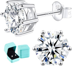 Moissanite Lab Created Diamond Earrings 0.6ctw-3.0ctw Solitaire Studs, D Color VVS1, Hypoallergenic 925 Sterling Silver, 14K White Gold Plated, Friction Back - Gift for Women & Men