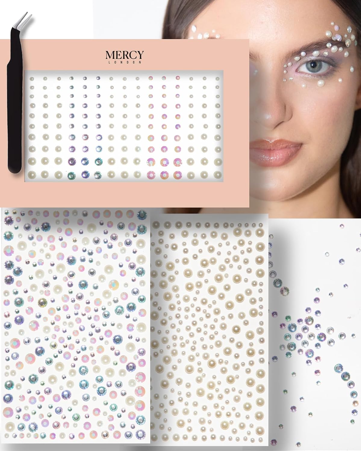 MERCY LONDON Face Gems in Red, 866 Self Adhesive Makeup Face Gem Stickers, 4 Sheets, Reusable Eye Gems, DIY Face Gems