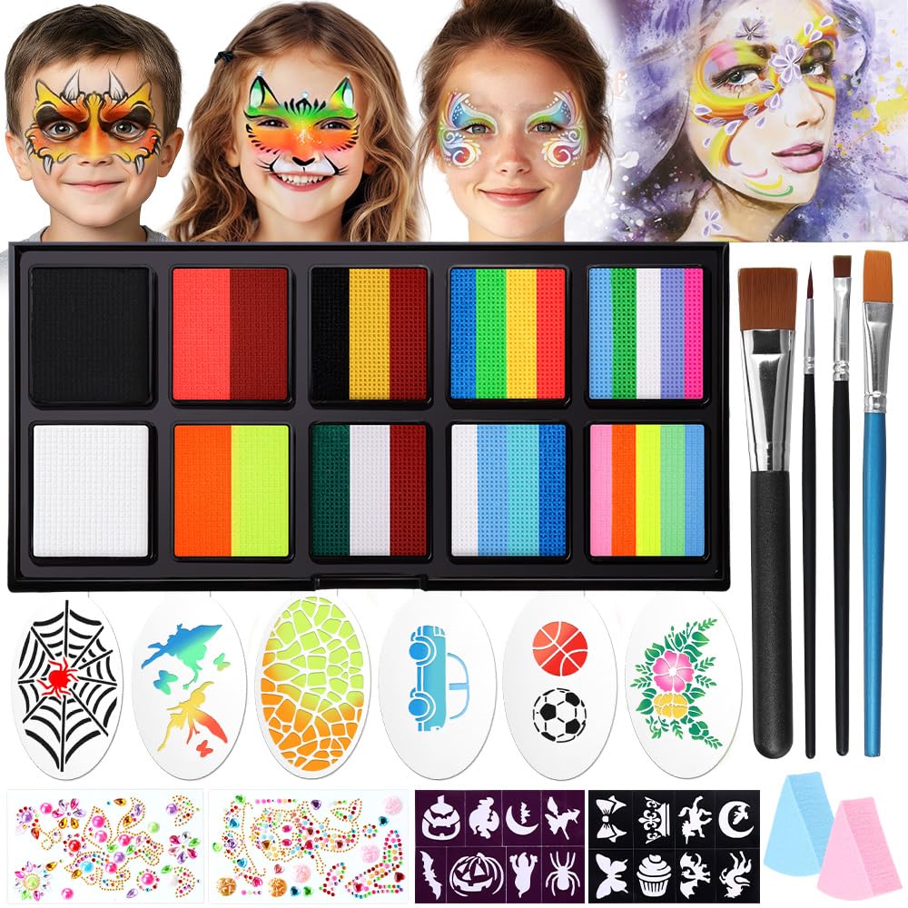 Janolia Face Painting Kit for Kids, Camo Face Paint Kit, Water Activated Face Paint, Rainbow Split Cake Face Body Paint, Ideal Facepaint Makeup Kit for Kids Party Cosplay Halloween Easter Carnival
