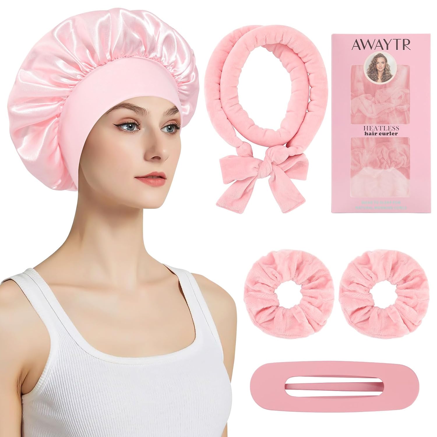 Velvet Heatless Hair Curler Set - 5Pcs No Heat Curlers for Heatless Curls Overnight Hair Curlers to Sleep In for Curls Heatless Curling Set with Scrunchies Clip and Satin Bonnet (Deep Pink)