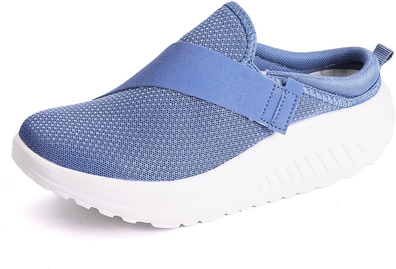 Women's Knit Platform Mules with Hook Loop Casual Lightweight Closed Round Toe Breathable Slip On Orthopedic Clogs Comfortable Arch Support Sports Walking Shoes