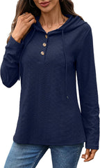 Womens Loose Sweatshirts Casual Hooded Long Sleeve Sweatshirt Solid Color Button Down Drawstring Pullover Tops 2025