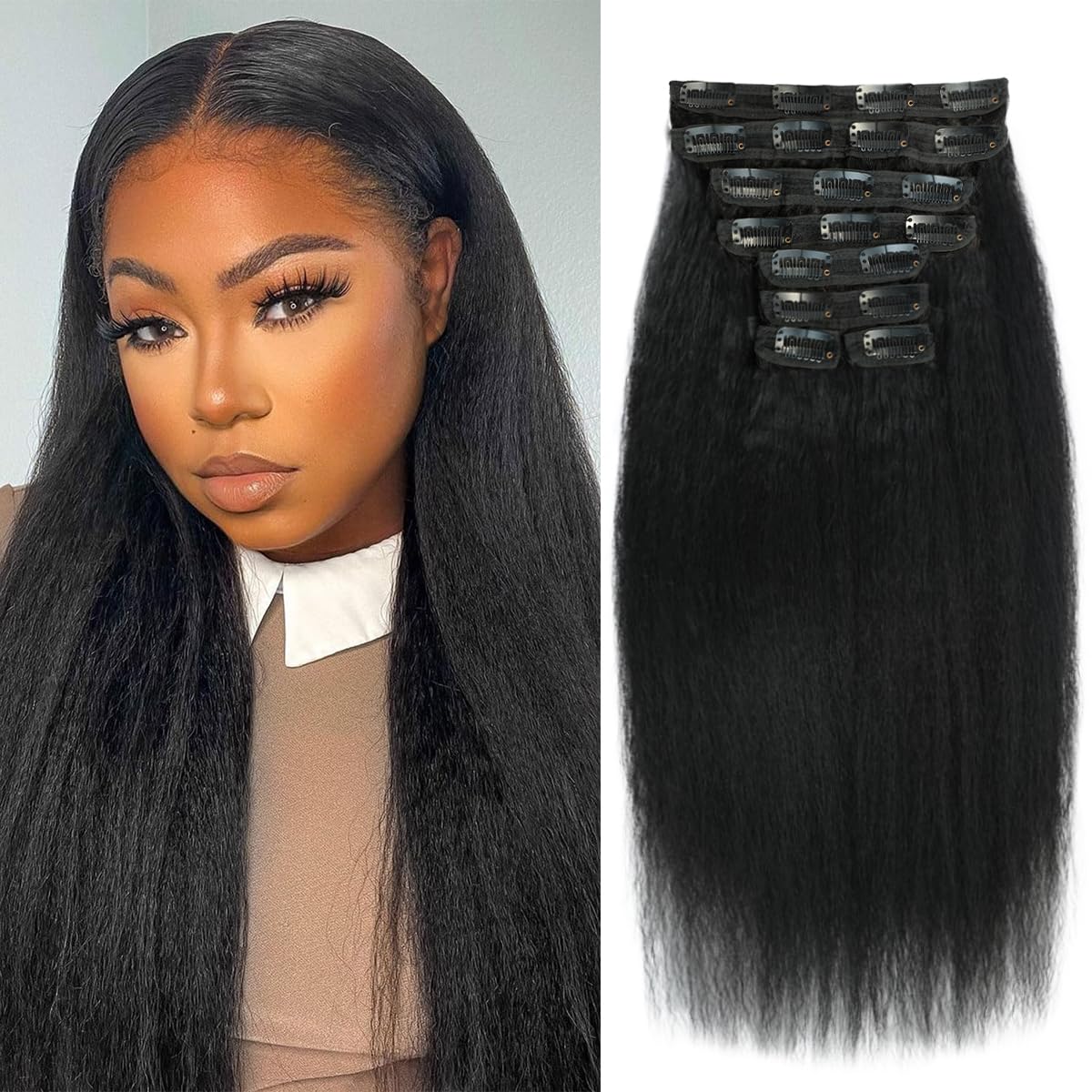 Highlight P4/27 Kinky Curly Clip Ins 18 Inch 110g 8pcs 3C 4A Curly Clip In Hair Extensions Real Human Hair Full Head for Women 100% Brazilian Remy Human Hair Extensions with 20 Clips #4/27