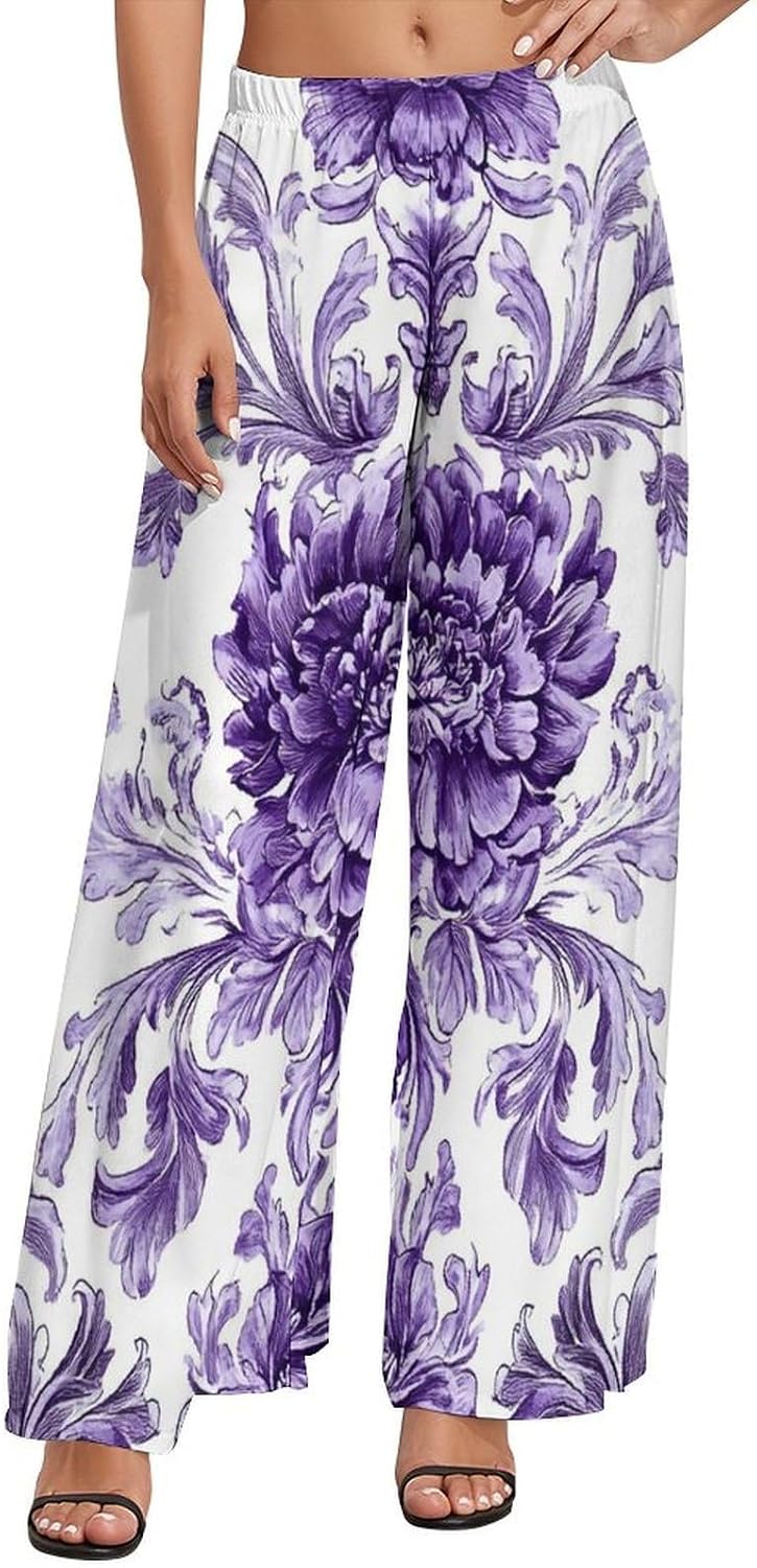 Floral Print Women's Wide Leg Pants Casual High Waist Stretchy Lounge Pants Summer Beach Trousers