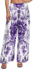 Floral Print Women's Wide Leg Pants Casual High Waist Stretchy Lounge Pants Summer Beach Trousers