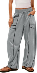 Barrel Sweatpants Women Baggy Drawstring High Waisted Wide Leg Lounge Pants with Pockets Casual Patchwork Trousers