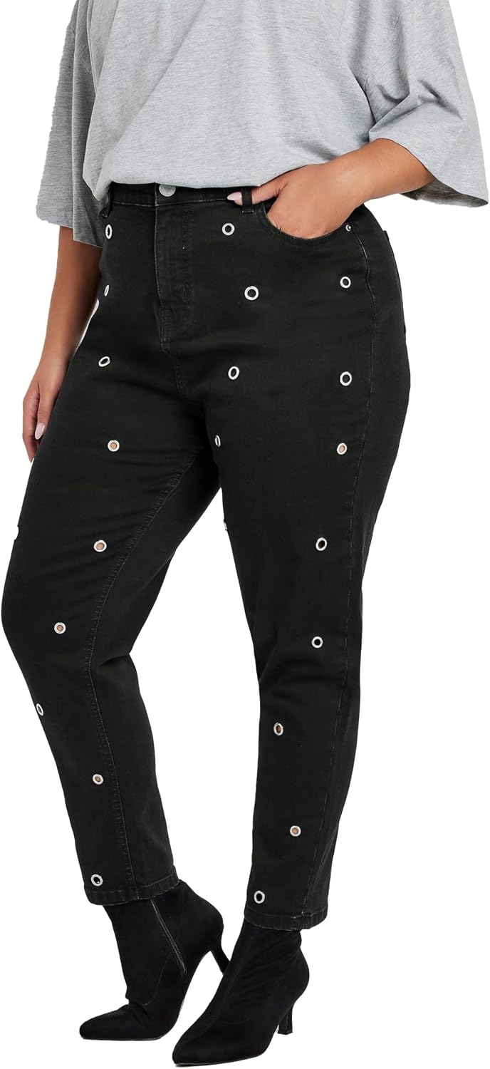 Yours Curve Women's Plus Size Eyelet Detail Mom Jeans Black