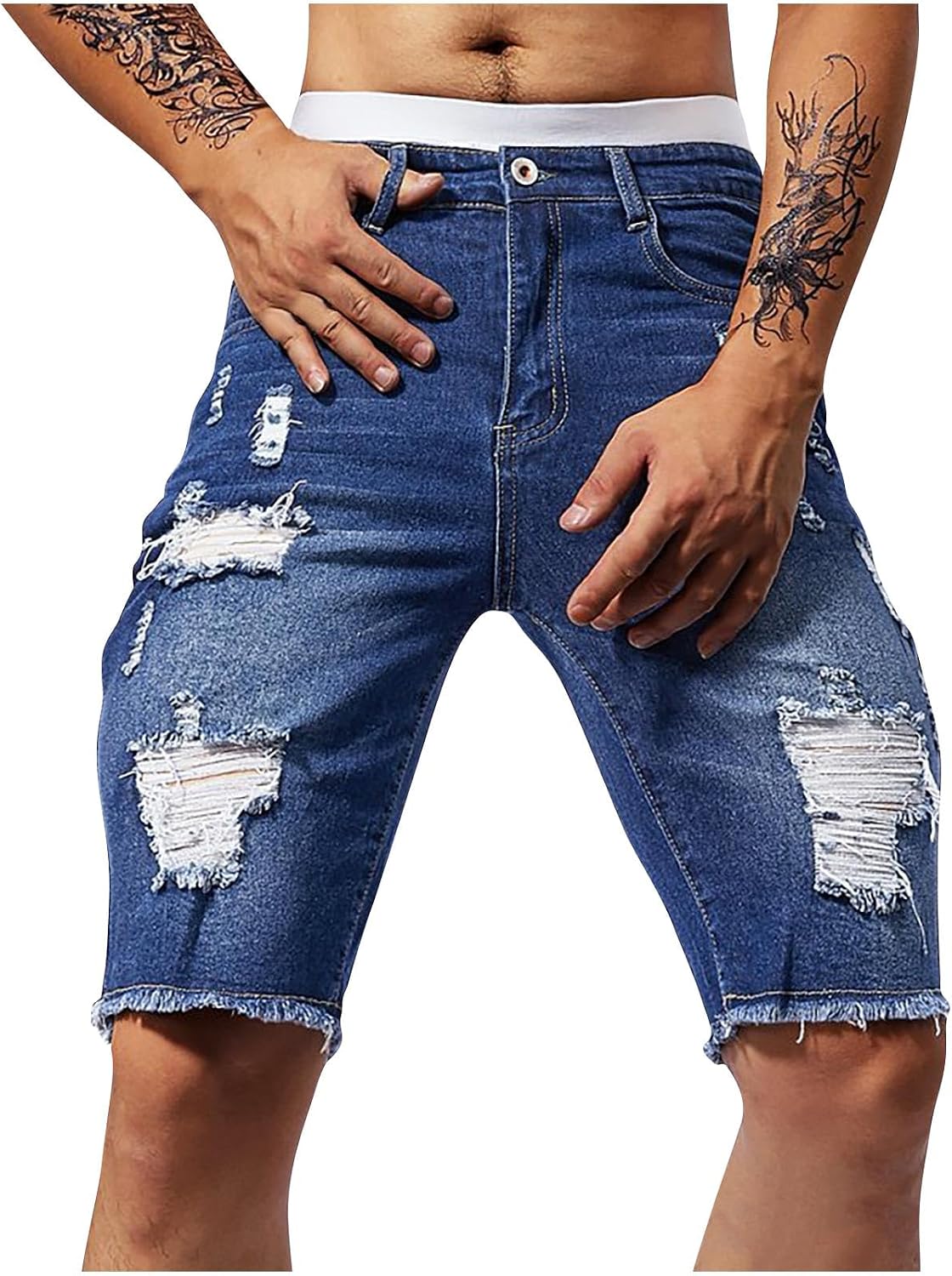 Men's Slim Fit Short Jeans Stretch Destroyed Ripped Skinny Distressed Straight Denim Short Pants Casual Streetwear