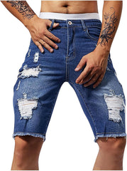 Men's Slim Fit Short Jeans Stretch Destroyed Ripped Skinny Distressed Straight Denim Short Pants Casual Streetwear