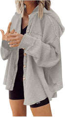 Womens Waffle Knit Shacket Jacket Oversized Long Sleeve Button Down Shirt Hooded Jacket Boyfriend Hoodie Trendy Outfit