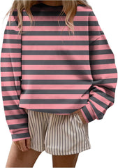 HGps8w Womens Striped Crewneck Sweatshirt Casual Long Sleeve Loose Drop Shoulder Blouse Trendy 2025 Fall Pullover Tee Tops