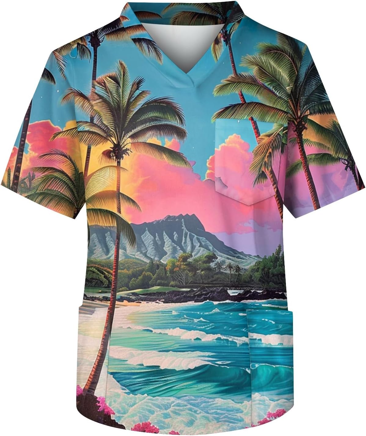 Printed Scrubs Top for Men Hawaiian Medical Uniform Shirts with 3 Pockets Stretch Scrubs