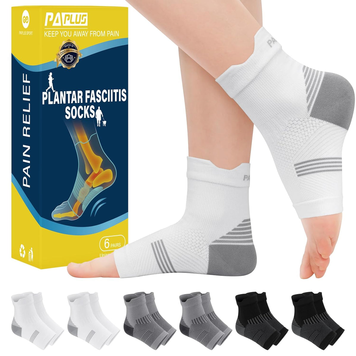 PAPLUS 6 Pairs Plantar Fasciitis Socks Women & Men - Foot Sleeve for Achilles Tendonitis Relief - Reduces Heel Spur Pain, Swelling - Ankle Brace with Arch Support for Sports Injury Recovery