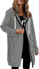 Long Zip Up Jackets for Women Trendy Casual Loose Fit Oversized Hoodie Plain Tunic Sweat Shirts Comfort Trench Coat