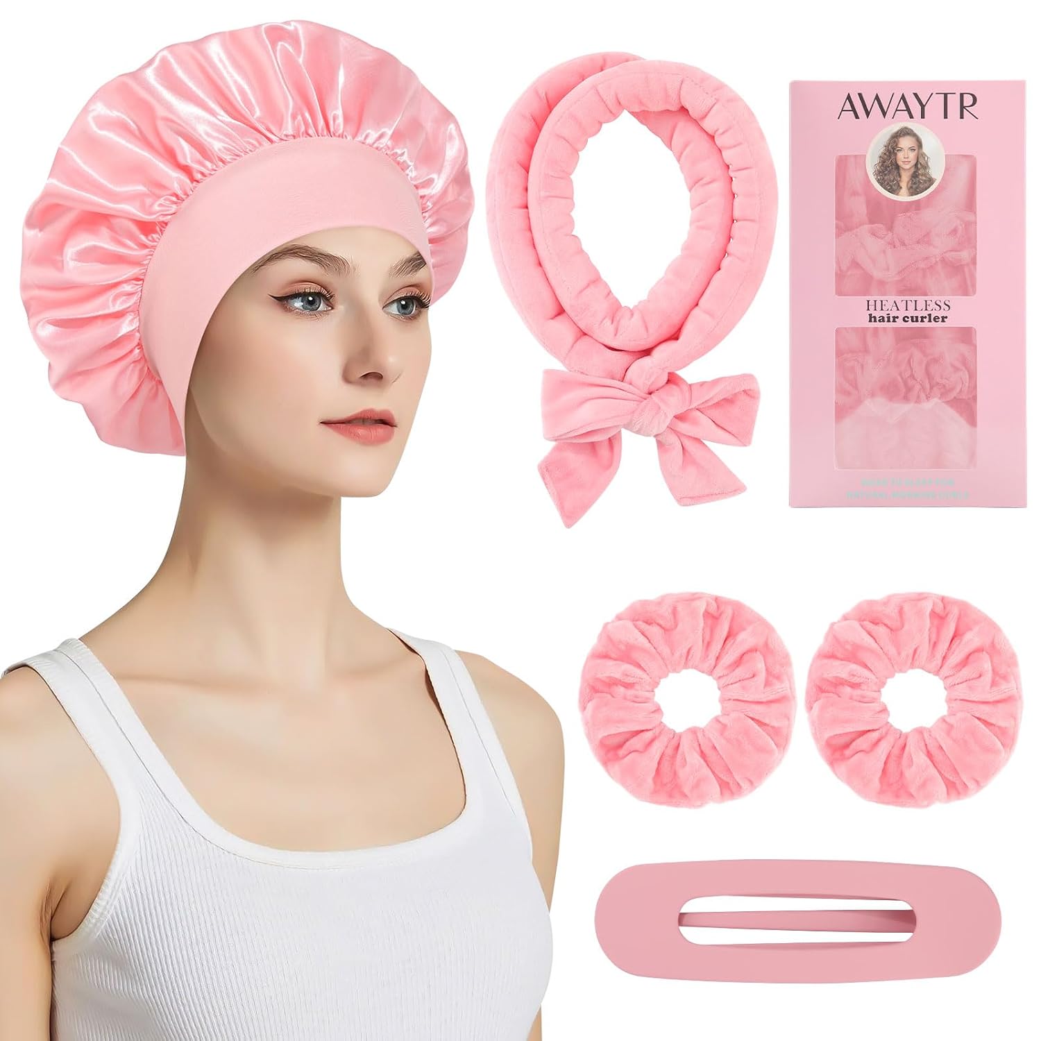 Velvet Heatless Hair Curler Set - 5Pcs No Heat Curlers for Heatless Curls Overnight Hair Curlers to Sleep In for Curls Heatless Curling Set with Scrunchies Clip and Satin Bonnet (Deep Pink)