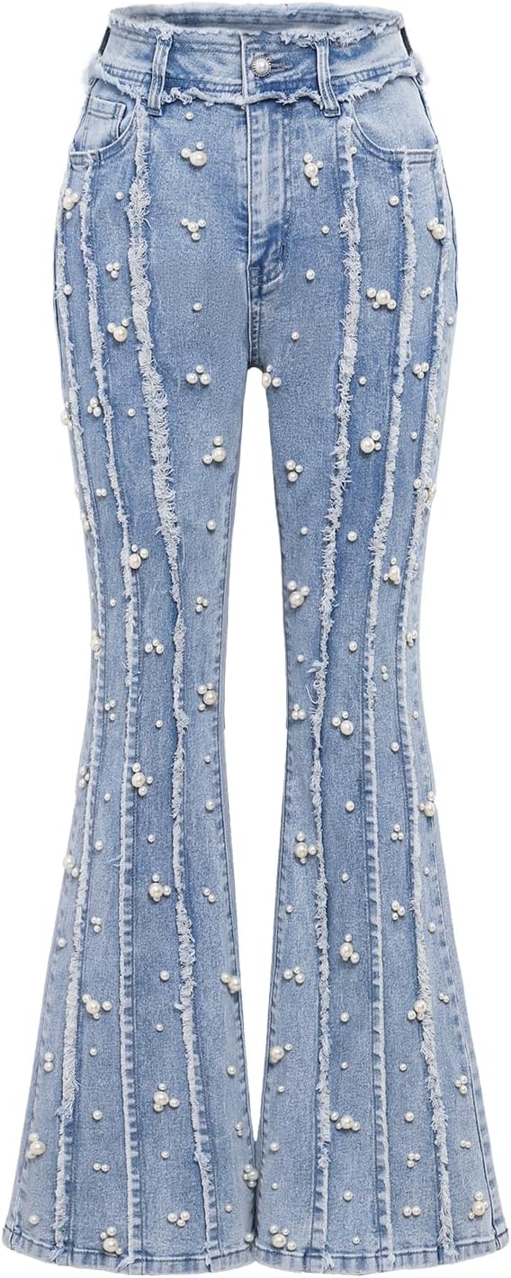 Womens Bell Bottom Jeans Pearl Wide Leg 2025 Casual Light Blue Pearl Jeans for Women